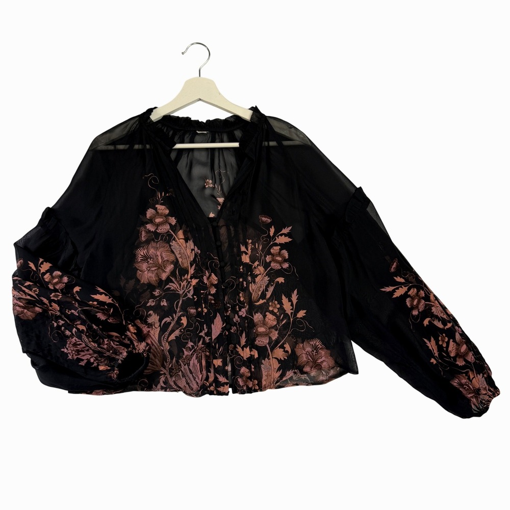 Anthropologie Womens Black Copper Dark Floral Sheer Balloon Sleeve Blouse Size M - Picture 3 of 10